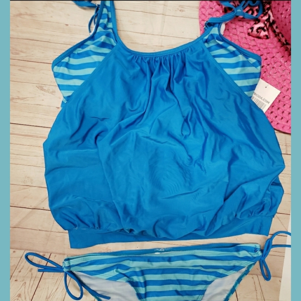 NWT🩱Turquoise Striped 2 Piece Tankini 2x - Picture 3 of 6